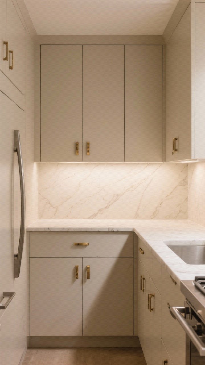 Straight-on medium shot: Monochrome micro-contrast palette—mid-beige warm-undertone cabinets, walls one shade lighter, creamy quartz countertops with faint veining. Hardware in brushed nickel and a few aged brass pulls for soft glimmer. Subtle tonal differences only; clean lines, cohesive and intentional feel in a small galley kitchen. Gentle ambient lighting to enhance the whisper-level contrasts, photorealistic.