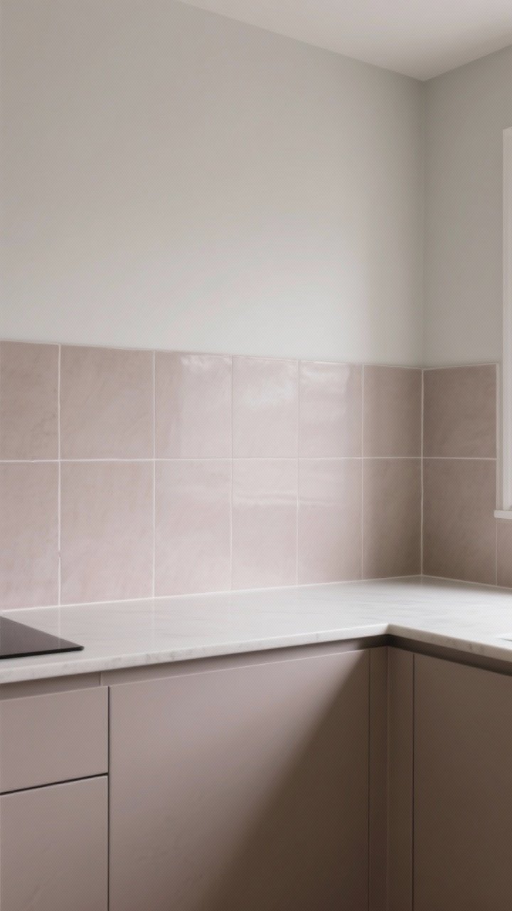 Straight-on medium shot of a backsplash color-matched to the wall paint for a blur effect; matte or satin-finish tiles in nearly identical tone to surrounding walls; clean transition lines at corners with no busy trim; calm, cohesive palette minimizing boundaries, soft even lighting to enhance the seamless look.