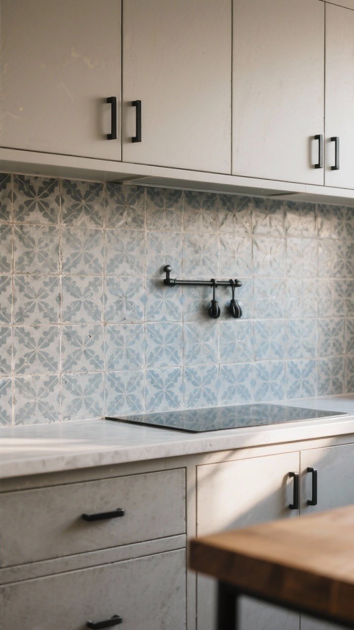 Straight-on medium shot of a backsplash in patterned cement tiles with a subtle charcoal and dusty blue motif, matte finish with gentle, artisan texture, sealed surface with a soft, low-sheen look, framed within a defined range wall zone, paired with simple flat-front cabinet doors and streamlined black pulls to balance the graphics, warm morning light, quiet earthy palette that feels boutique-cafe chic