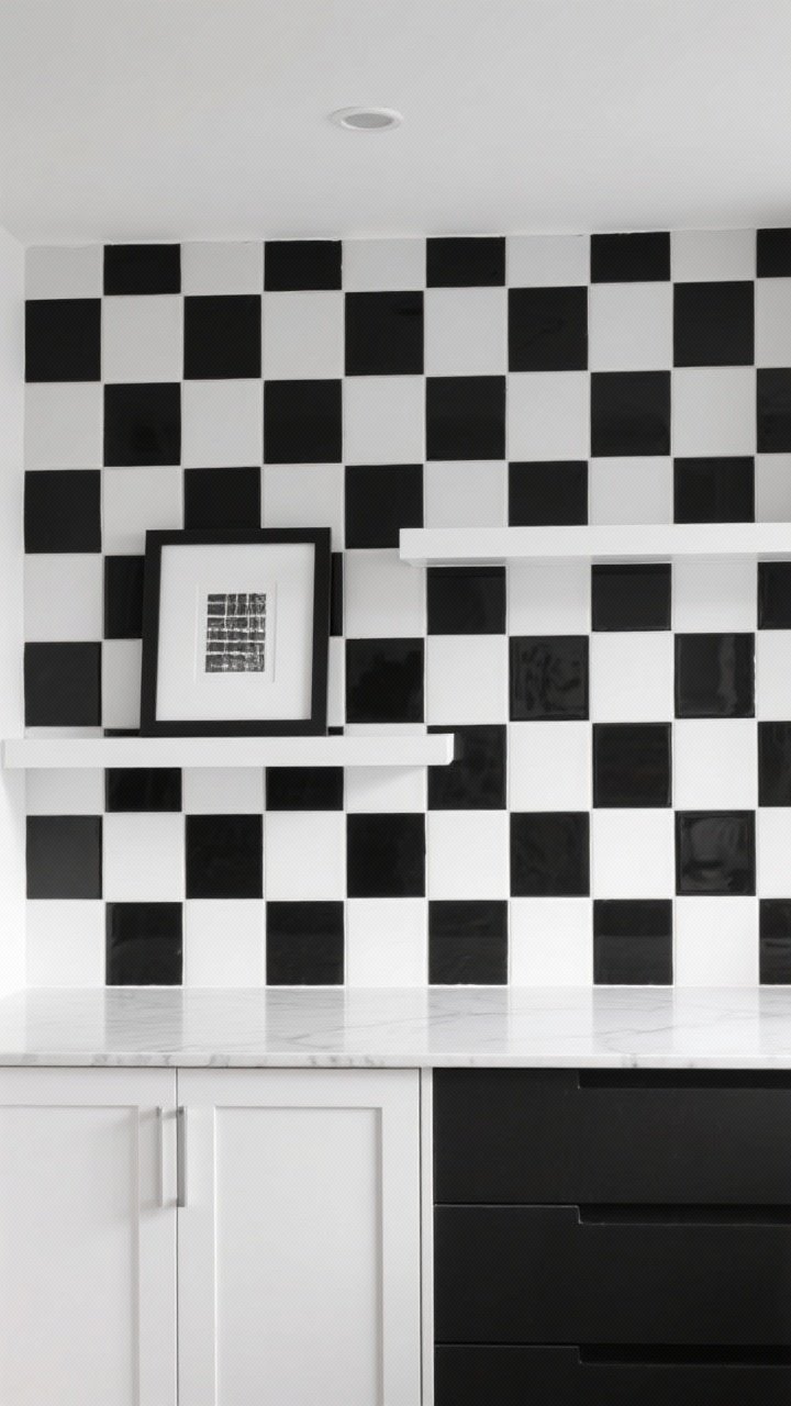 Straight-on medium shot of a high-contrast checkerboard tile backsplash using 4x4 squares in black and white, aligned in a precise grid; clean grout lines emphasize geometry; a simple framed art print and linear shelving echo the grid motif; cabinetry minimal to let the pattern lead; crisp, even lighting for sharp edges; mood: graphic yet timeless.