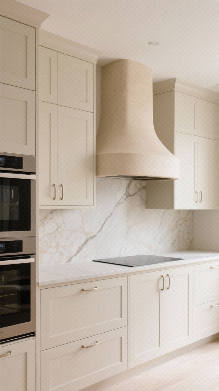 Straight-on medium shot of a minimal beige kitchen facade emphasizing refined details: flat slab doors with J-channel integrated pulls, panel-ready appliances disappearing into the rhythm, slim-profile shaker on a few uppers, perfectly aligned grout lines and a bookmatched stone backsplash seam; one sculptural statement—a gently curved plaster hood in soft beige—anchors the scene; bright, even daylight; photorealistic.