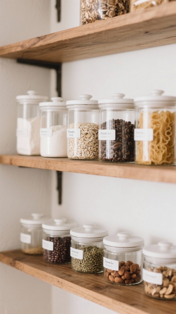Straight-on medium shot of a pantry shelf with decanted goods: uniform clear canisters holding flour, sugar, rice, oats, coffee, pasta, beans, and nuts; small matching glass spice jars with clean labels on the front and tops; cohesive minimal label typography; airtight lids; warm wood shelves against a white backdrop; calm, boutique-grocery aesthetic with soft, even lighting.