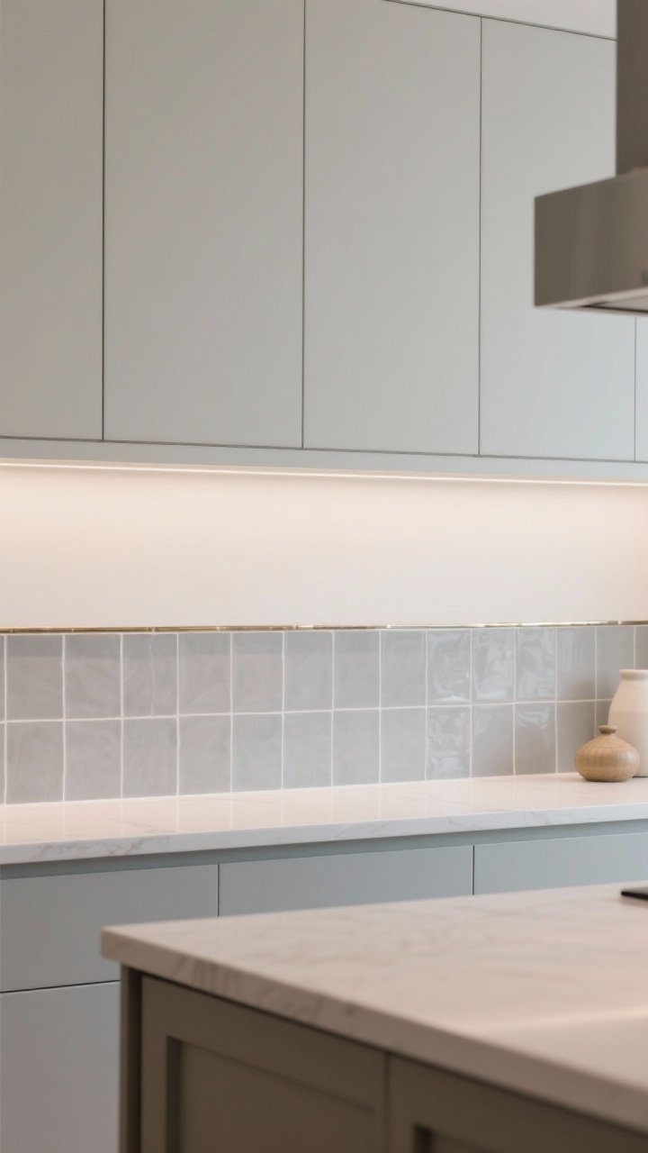 Straight-on medium shot of a two-tone tile backsplash using harmonious dove gray and warm white in matte finishes; a clean, gentle break defined by a slim metal trim/pencil tile at the underside of the wall cabinets; one color repeated quietly on the island accessories for cohesion; balanced, calm palette with subtle zone anchoring