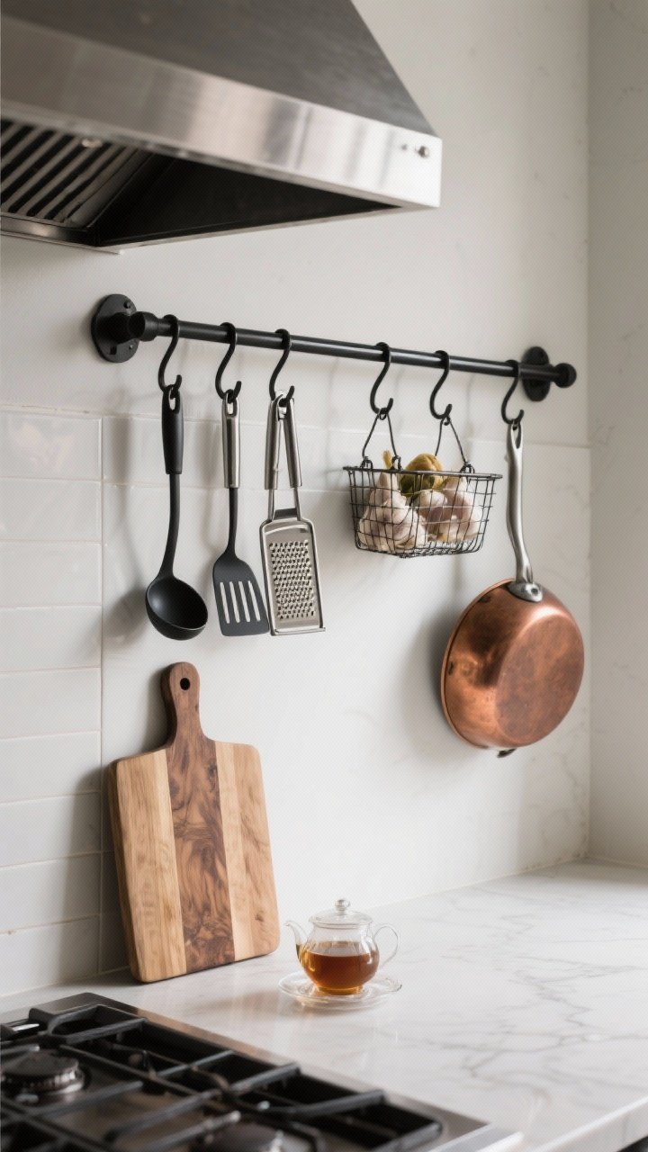 Straight-on medium shot of a wall-mounted rail system above a backsplash, styled like a chef’s kitchen: black or brushed metal rail with S-hooks holding curated everyday tools (ladle, tongs, spatula, microplane), a couple of small wire baskets with garlic and tea, and one handsome cutting board plus a single copper pan for style points; keep spacing edited and uncluttered; soft side lighting enhances metal textures