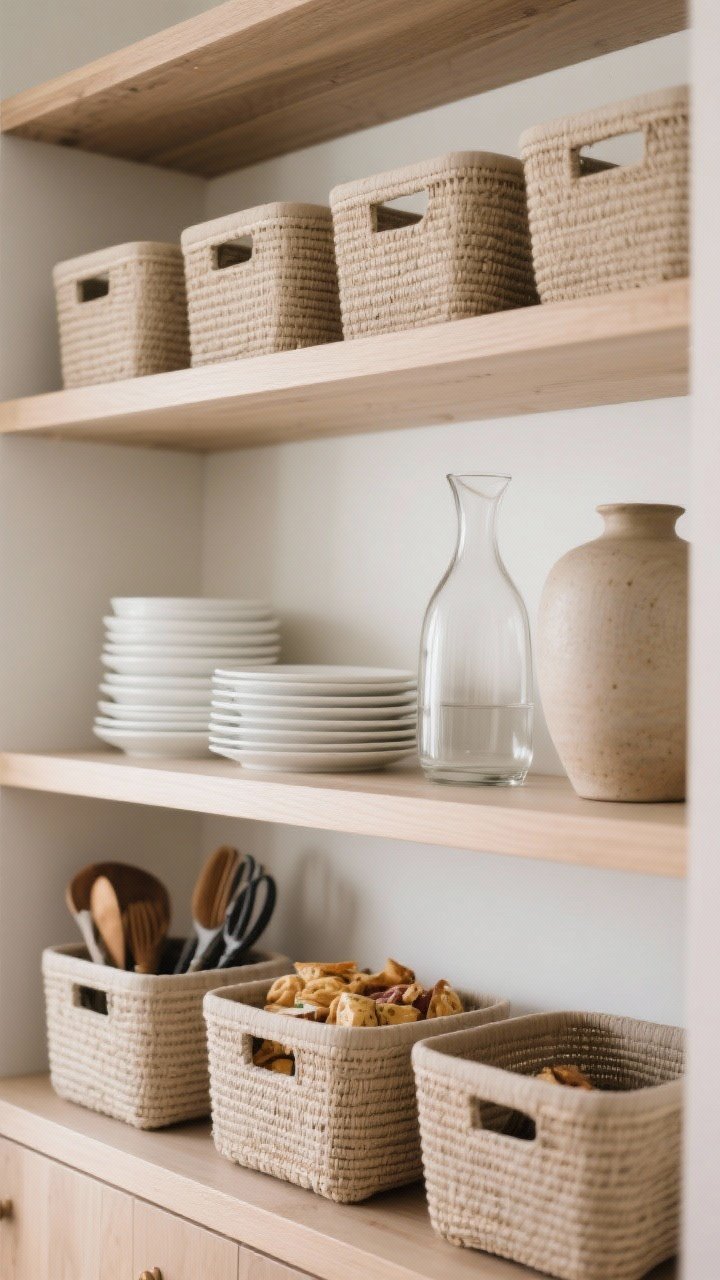 Straight-on medium shot of an open shelf styled luxuriously: closed opaque baskets on the bottom shelf for snacks and tools; everyday white dishes stacked in 2–3 neat piles on the middle; a tall glass carafe and a ceramic vase adding height; color control limited to wood, white, and a single muted accent tone; matching bins across shelves for a unified, custom look; soft natural light highlighting textures.