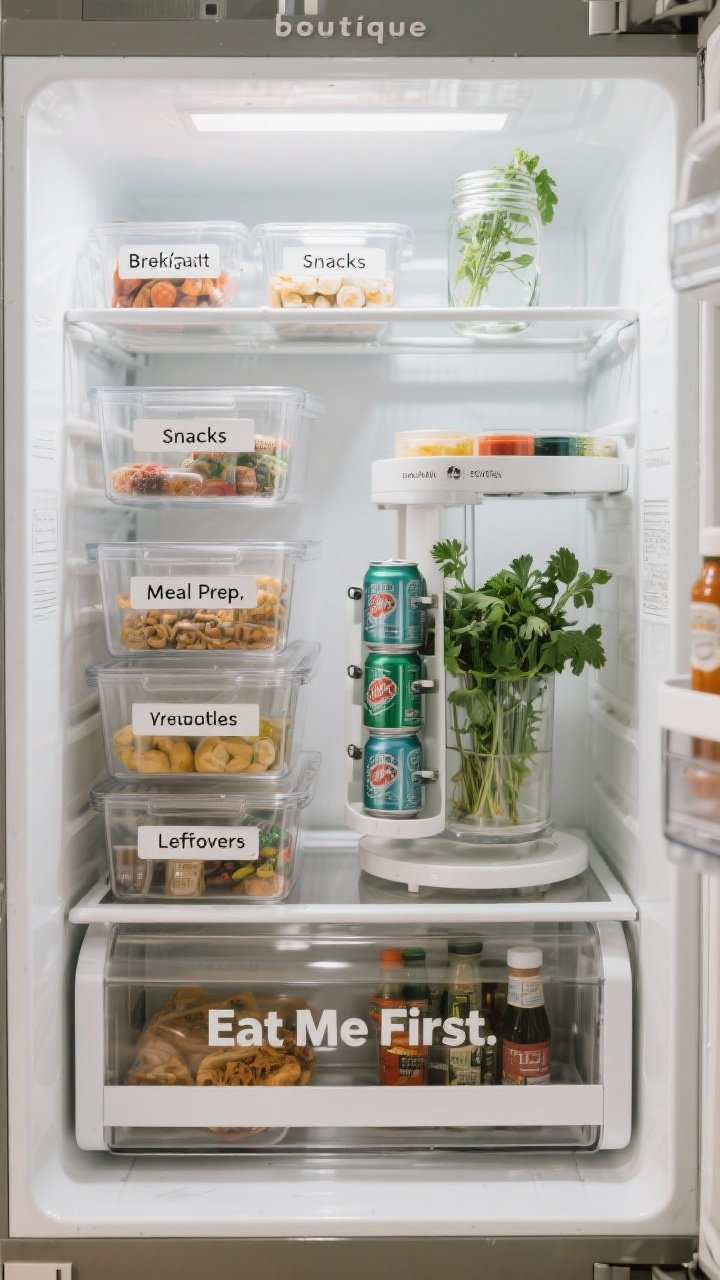 Straight-on medium shot of an organized “boutique” fridge interior: clear bins labeled Breakfast, Snacks, Meal Prep, Produce, Leftovers; a lazy Susan for condiments; a front-and-center “Eat Me First” bin; vertical can organizer stacking seltzers; fresh herbs in a jar of water on the top shelf. Cool, even fridge lighting, bright labels, no clutter, everything visible.