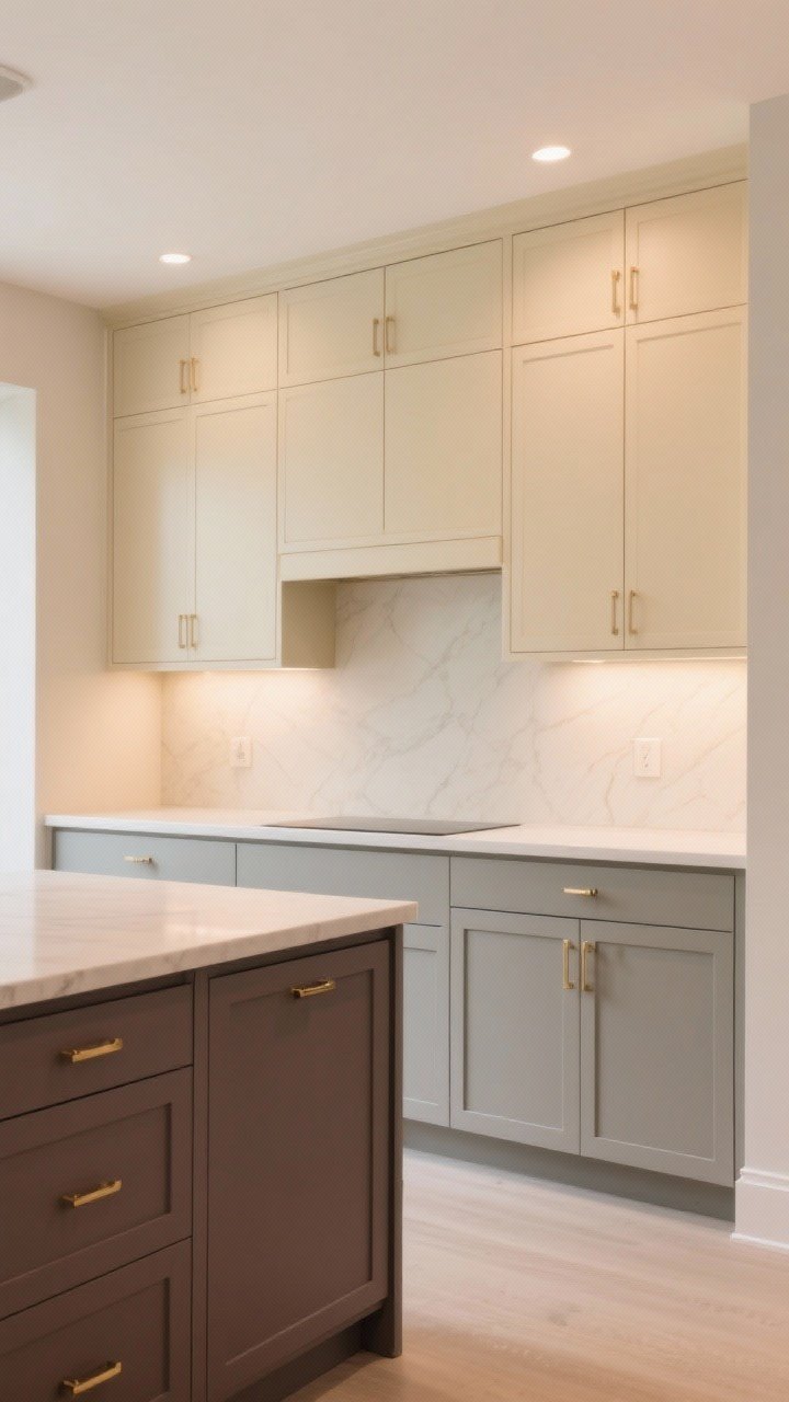 Straight-on medium shot of cabinetry showing soft contrast: warm cream upper cabinets, mushroom/greige lower cabinets, deeper taupe island with brass hardware, and greige trim defining the edges; walls in soft beige maintain brightness; warm ambient lighting (2700K), calm and modern mood; no people, photorealistic.
