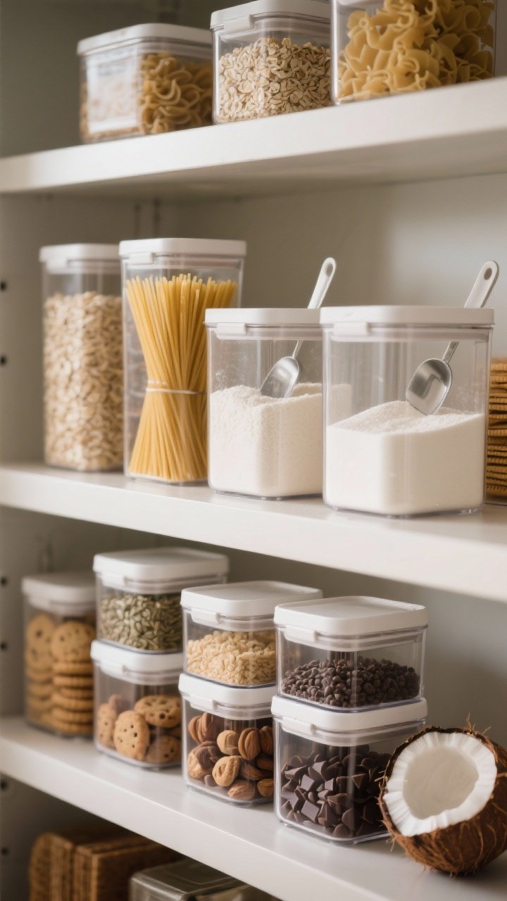 Straight-on pantry shelf closeup: airtight, stackable square canisters in varying sizes—tall ones filled with spaghetti and linguine, wide ones for flour and sugar with scoops, smaller ones for seeds and toppings; other canisters hold rice, oats, pasta, crackers, cookies, nuts, chocolate chips, coconut, cocoa; crystal-clear sides showing contents and fill levels; soft ambient light, crisp shadows, orderly stacks emphasizing space efficiency.