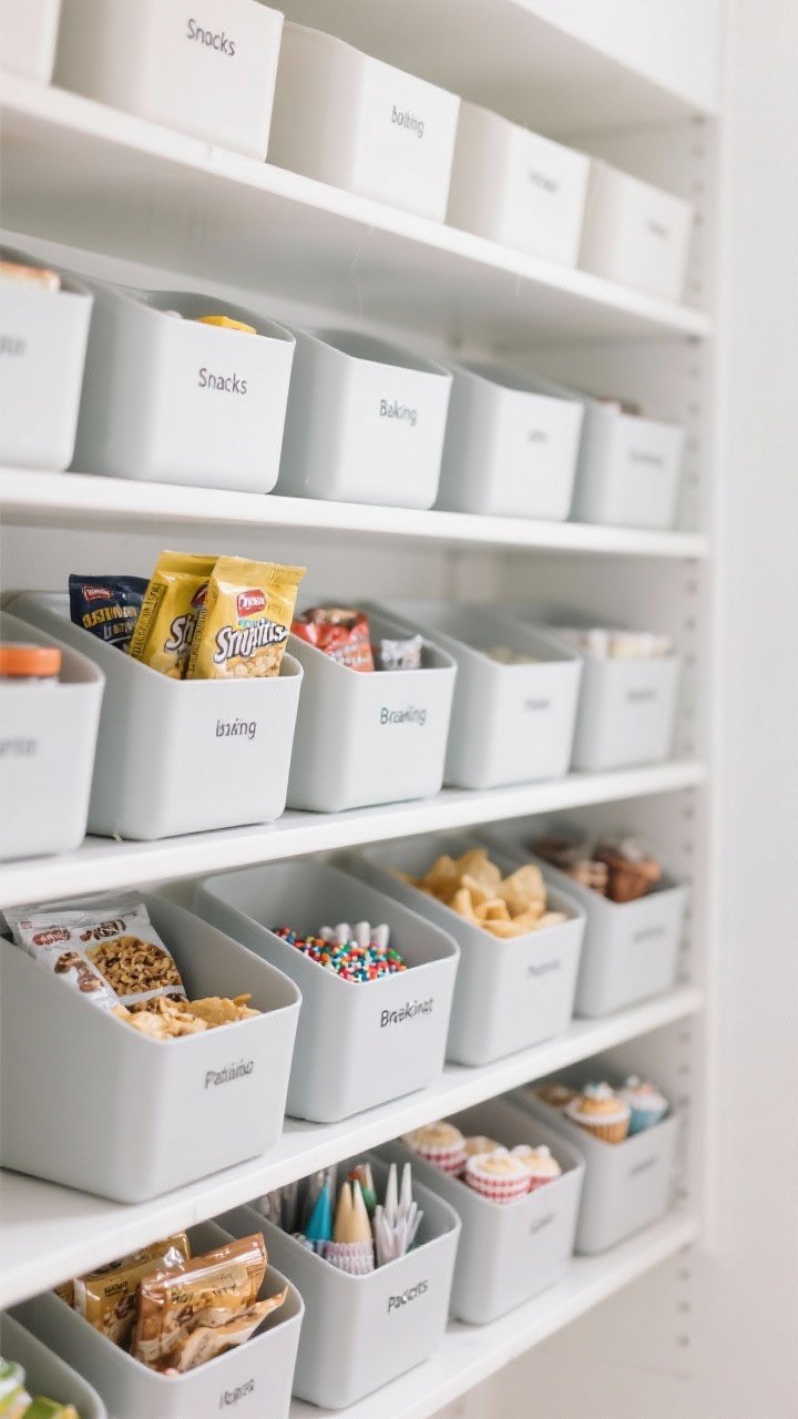 Straight-on pantry shelf shot: Matching solid bins in neutral tones (matte white and light gray) arranged in tidy rows, each front-labeled with simple categories: Snacks, Baking, Breakfast, Packets. Bins conceal messy items like spice packets, instant ramen, granola bars, chips, sprinkles, piping tips, and cupcake liners. Calm, curated look with soft diffused lighting and a clean white backdrop.