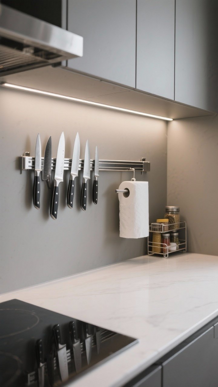 Tight detail shot under cabinetry: a sleek magnetic knife strip holding a curated set of knives, a low-profile paper towel holder, thin LED strip lights casting bright task lighting and ambient glow, and a mini under-cabinet spice rack with essentials; counters below remain clear; crisp, photorealistic focus on metal finishes and clean lines.