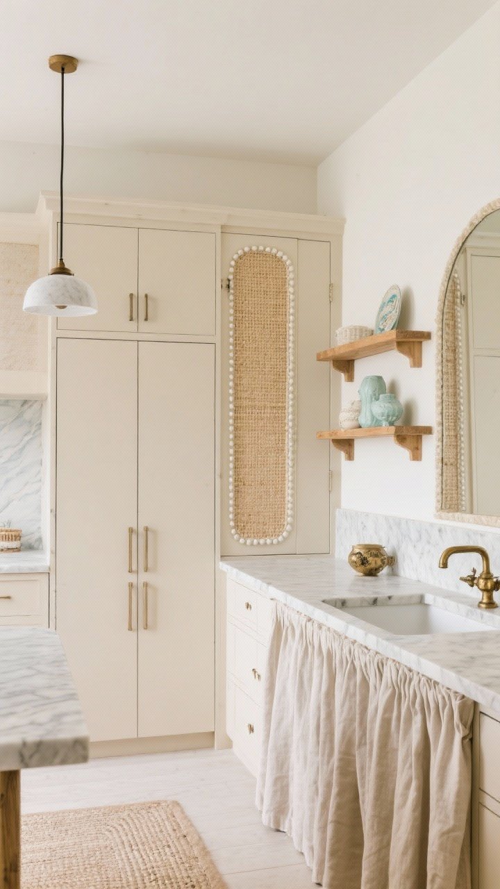 Triptych-style medium composite vignette (single frame with three areas): Left—Modern vignette with beige slab doors, integrated pulls, linear pendant, and a cool-toned stone slab; Center—Coastal corner with beaded beige cabinets, woven textures, light oak accents, and a hint of seafoam decor; Right—European cottage shelf with creamy beige backdrop, marble ledge shelf, vintage brass accessories, and a skirted sink in linen.