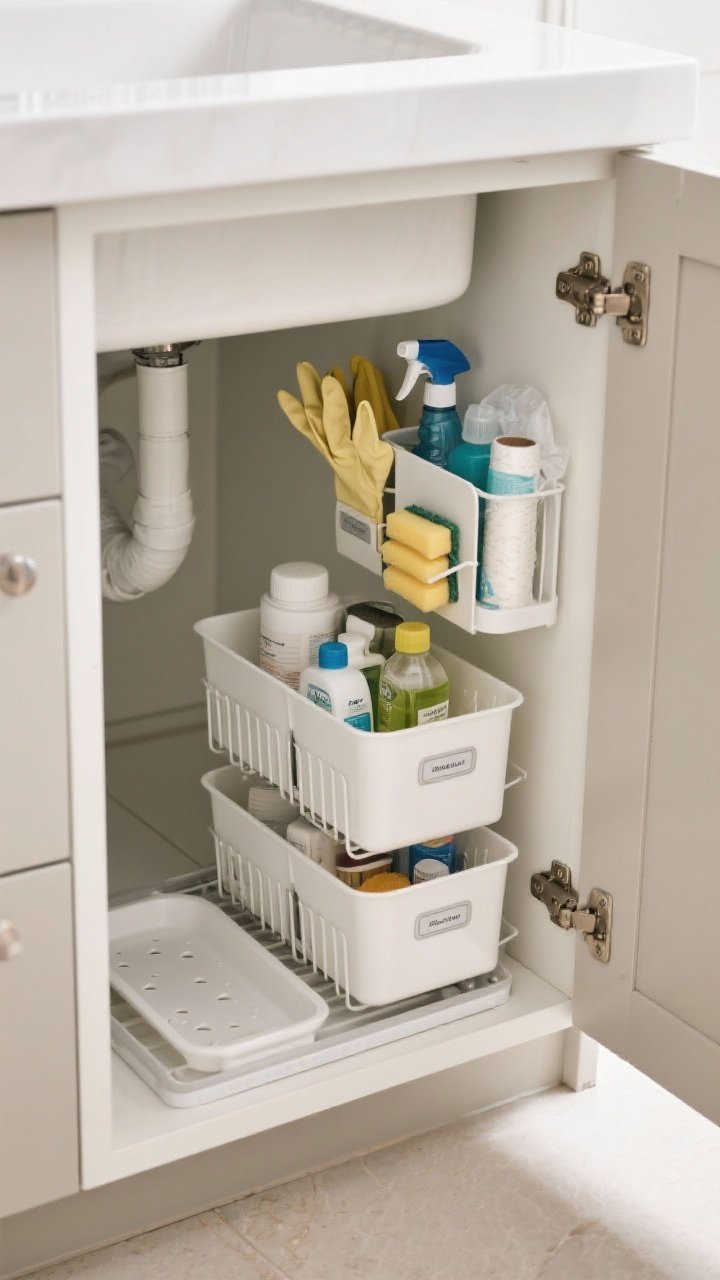 Under-sink closeup: A pristine under-sink cabinet with two-tier slide-out racks and stackable bins organizing cleaners and supplies. A small grab-and-go caddy holds everyday cleaners; a mounted door holder neatly stashes sponges, gloves, and a roll of trash bags. A leak-proof tray lines the base to protect the cabinet. Neutral colors, tidy labels, and bright task lighting emphasize order.