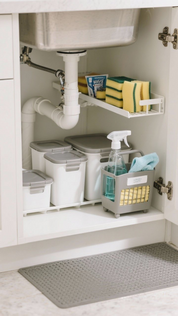 Under-sink wide interior shot showing an expandable U-shaped shelf neatly fitted around pipes, maximizing space; lidded bins corral sponges and dishwasher tabs; a portable grab-and-go cleaning caddy stocked with glass cleaner, all-purpose spray, and microfiber cloths; waterproof mat lining the cabinet base with slight texture; practical, bright lighting; emphasis on order amidst awkward angles.