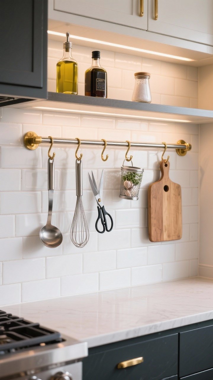 Wide backsplash view: A sleek metal rail system mounted on a white subway tile backsplash, hooks holding everyday tools—ladles, whisks, tongs, scissors—plus mini mesh cups for garlic and herbs, and a wood-handled cutting board hanging by its hole. Above the rail, a short narrow shelf supports olive oil, vinegar, and a salt cellar. Countertop remains uncluttered. Mixed metals (brushed stainless rail, brass hooks) for a refined restaurant-inspired look. Warm task lighting under cabinets, photorealistic, straight-on.