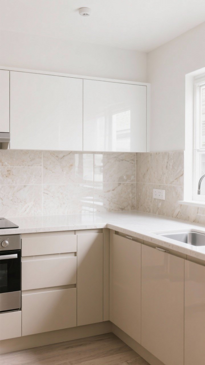 Wide, bright rental-friendly kitchen: Sand beige lower cabinets with soft white upper cabinets and walls, a pale stone slab or large-format tile backsplash with minimal grout lines, semi-gloss finishes that bounce light, pale stone countertops; reflective but soft lighting from a nearby window; clean, fresh, not sterile; straight-on composition emphasizing two-tone height