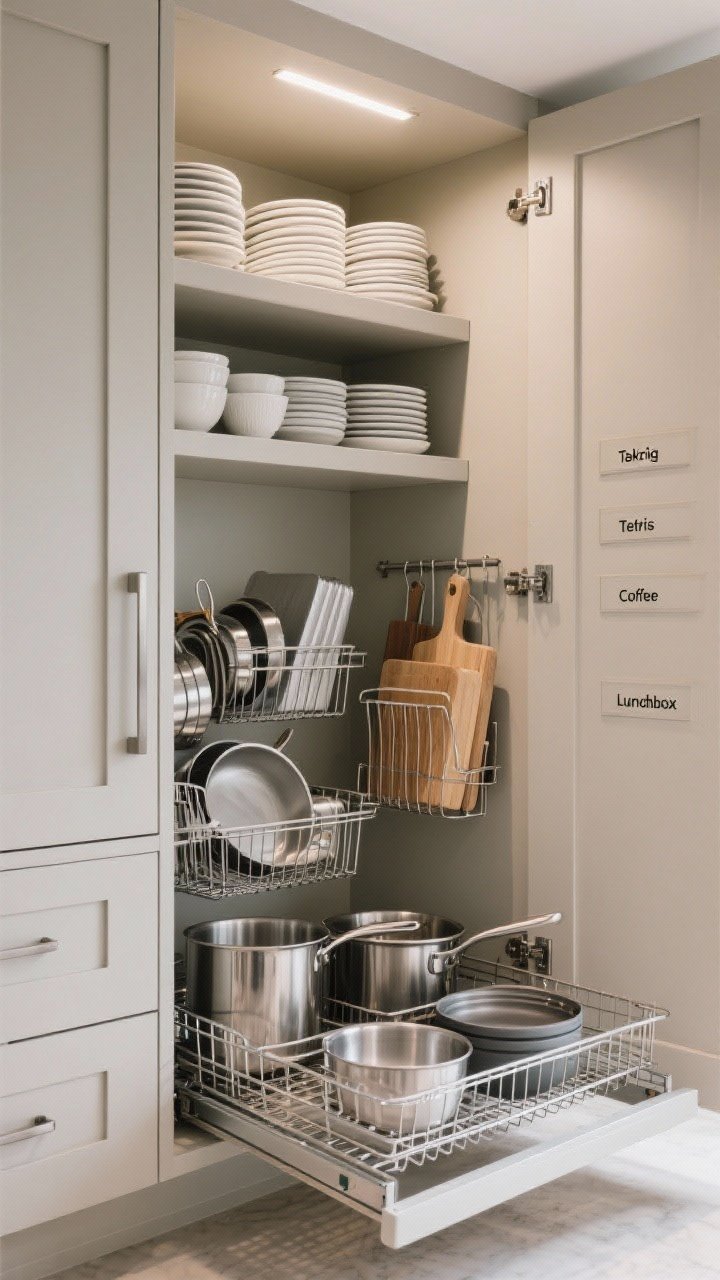 Wide cabinet interior shot with “Tetris” organization: upper shelf risers neatly stacking plates and bowls without teetering; lower cabinet with pull-out wire baskets holding pots, pans, and mixing bowls; a vertical file rack storing cutting boards, sheet pans, and lids upright; inside-door labels marking baking, coffee, and lunchbox zones; neutral cabinetry, brushed metal hardware, bright task lighting.