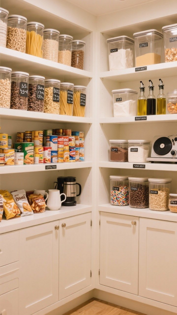 Wide cabinet-pantry interior showing a zone-based setup: eye-level everyday zone with breakfast items, snacks, coffee/tea; cooking zone grouping grains, pasta, canned goods; baking zone with flour, sugar, chocolate chips and sprinkles; backstock up high; clear bins for packets, airtight glass canisters with chalk labels and cooking times, turntables for oils and vinegars; white shelves, warm ambient light, calm, labeled order