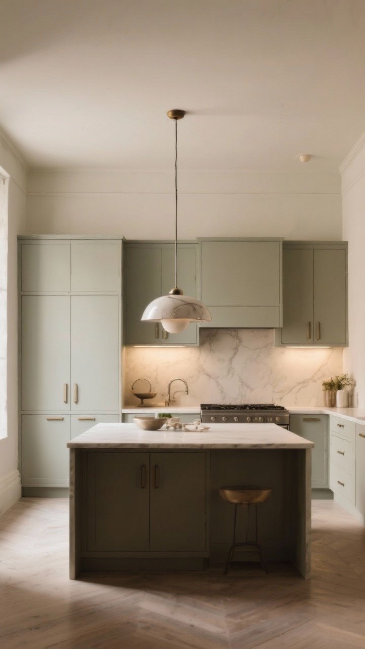 Wide, cohesive European-style kitchen scene capturing the conclusion’s mood: good bones, layered textures, and quiet luxury—matte cabinetry with integrated pulls, limewash walls, a sculptural pendant, subtle mixed metals, and a calm, uncluttered layout; soft, warm daylight balanced with dimmable ambient glow; photographed straight-on for timeless symmetry, no people, photorealistic and understated.