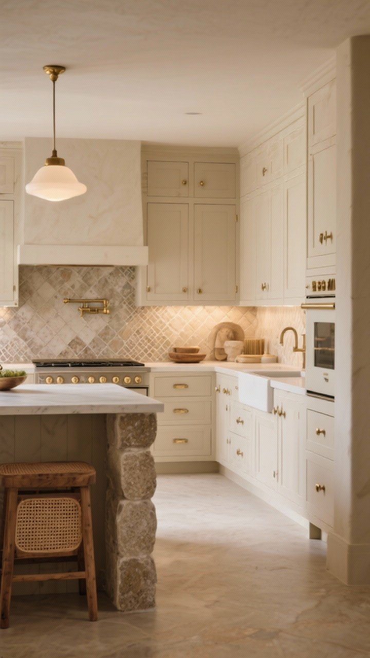 Wide concluding hero shot: a calm, timeless beige kitchen showing the cohesive whole—right undertone beige cabinetry, layered textures (stone, handmade tile), warm metals with brass accents, warm wood and woven elements, and flattering layered lighting; photorealistic, no people, softly luminous ambience that feels quietly luxurious and endlessly livable.