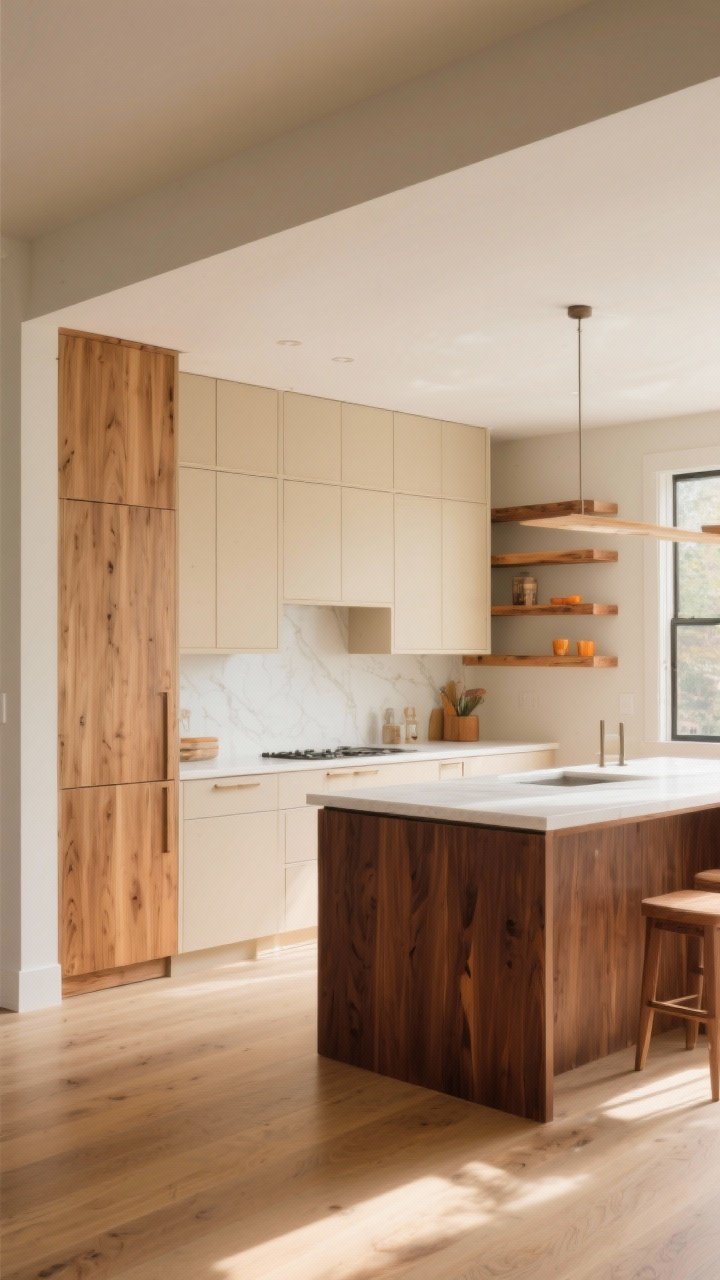Wide corner-angle shot showcasing wood tones that complement beige: beige upper cabinets with a rich walnut island for contrast, white oak matte-finish floors extending through the space, and wood open shelving; avoid orange/yellow woods; soft afternoon light for warmth; balanced, layered look.