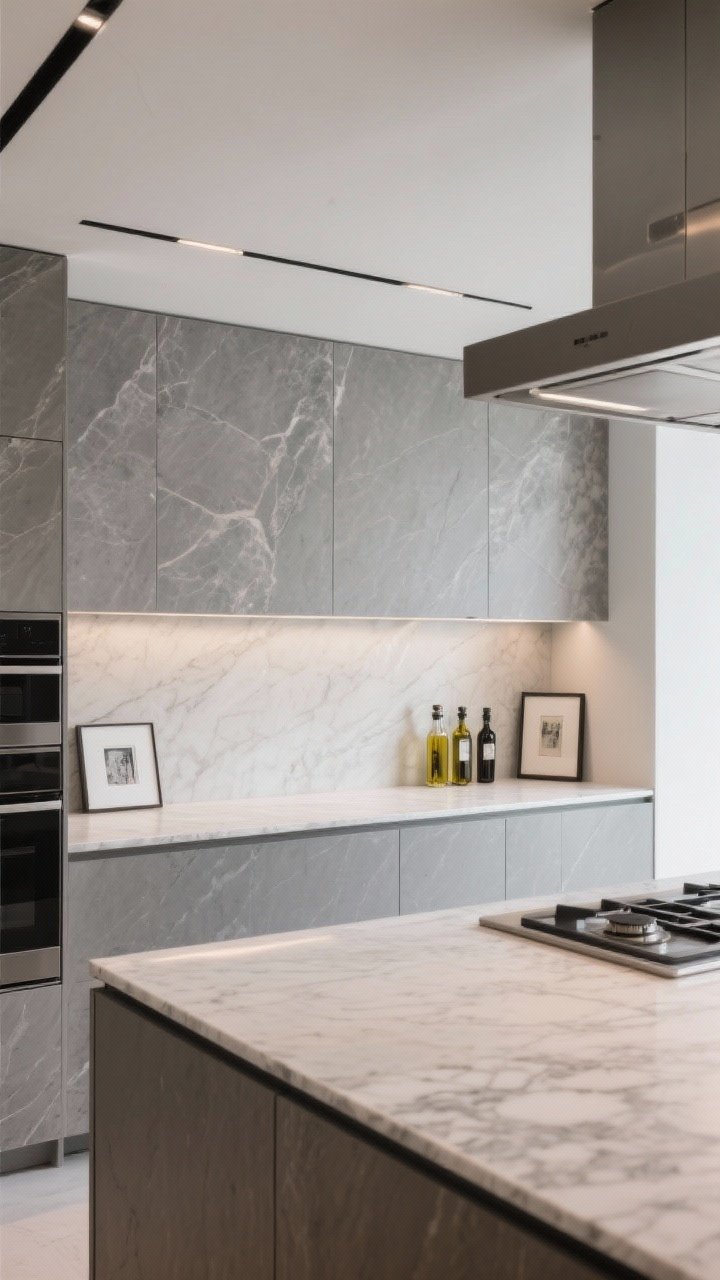 Wide, corner-angle view of an ultra-modern kitchen with a full, seamless slab backsplash in a quiet stone-look design, running cleanly up to the hood line; coordinated but not identical to a busier quartz countertop for balance; integrated short ledge shelf in the slab holding a few oils and small framed art; minimal grout lines, soft even lighting for a high-end editorial look; no people.