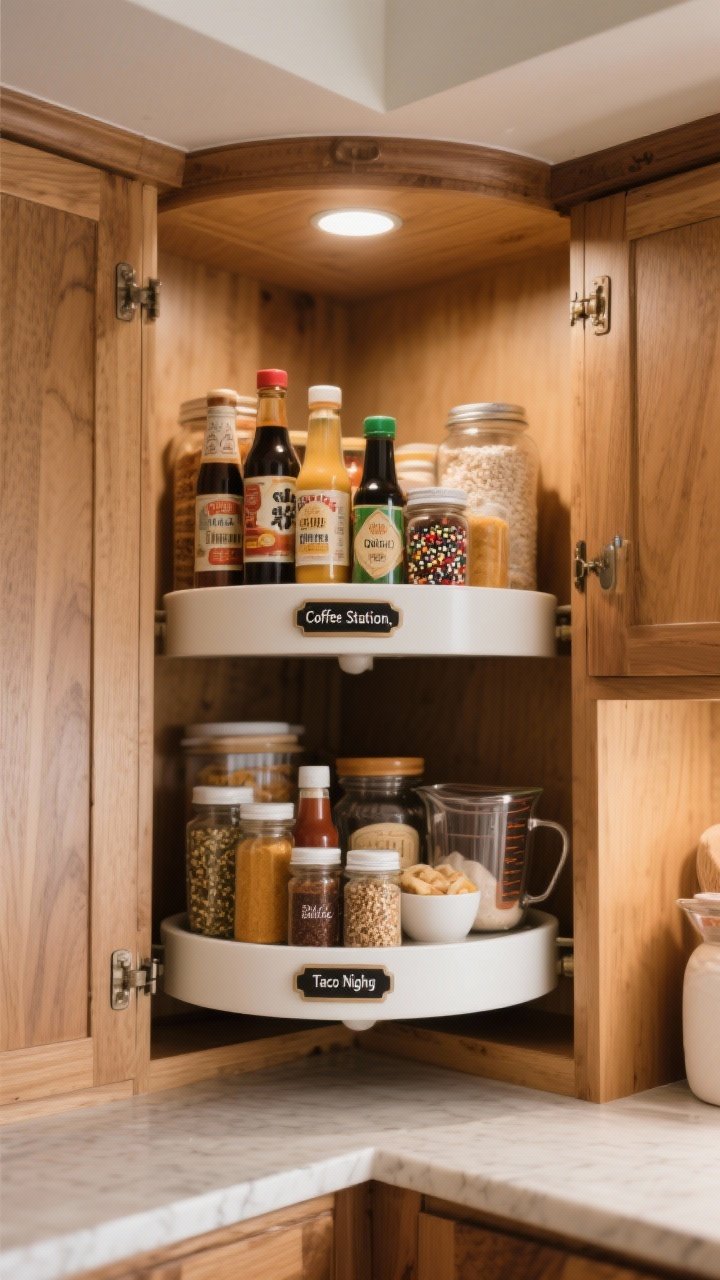 Wide corner-cabinet view with turntables: two-tier rimmed lazy Susans loaded with spices, condiments, and baking essentials—labeled spice jars, soy sauce bottles, vanilla extract, sprinkles, cocoa; measure-conscious fit within the opening; warm wood interior tones, gentle overhead lighting, grouped by task with small tags: “Coffee Station,” “Taco Night,” “Baking”