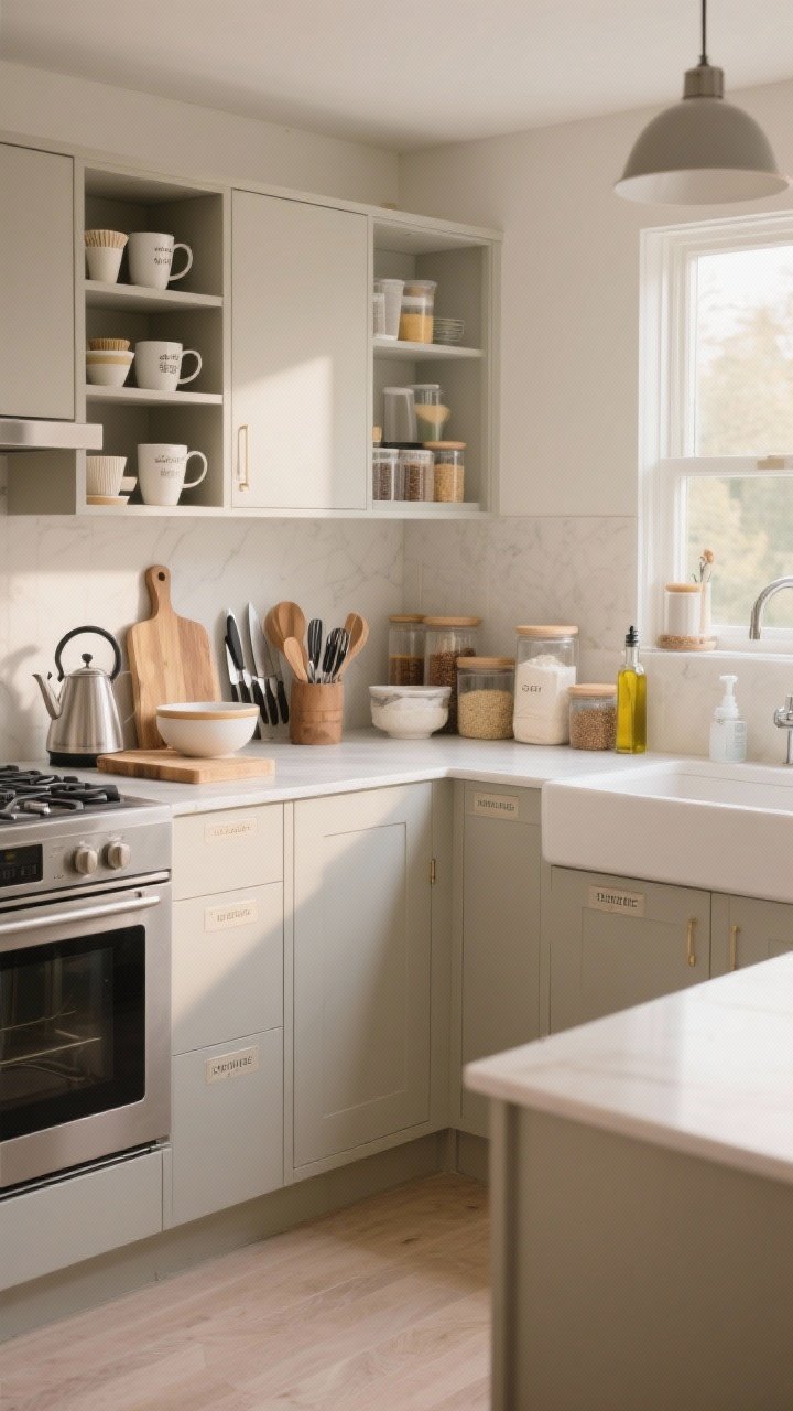 Wide corner shot: A cohesive kitchen showing five defined zones: a coffee/tea cabinet with mugs, filters, sweeteners, and a kettle; a prep station with cutting boards, knives, and mixing bowls near the main counter; a cooking area by the stove with oils, spices, and utensils; a baking cluster with flours, sugars, and measuring tools; and an under-sink cleaning zone hinted by labeled door interiors. Neutral tones, subtle labels inside doors, and soft morning light.