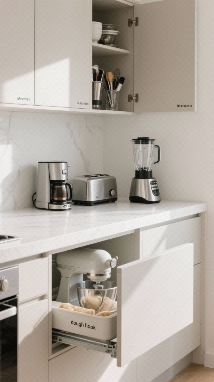 Wide countertop shot showing appliance rotation rules: only essentials out—compact coffee maker, low-profile toaster, and a sleek blender on a clean white counter; a lower pull-out shelf ajar revealing a stand mixer; higher cabinet door slightly open to show neatly stored specialty gear; labeled bin for attachments (e.g., “dough hook”) inside; neutral tones, clutter-free surfaces, bright daylight.