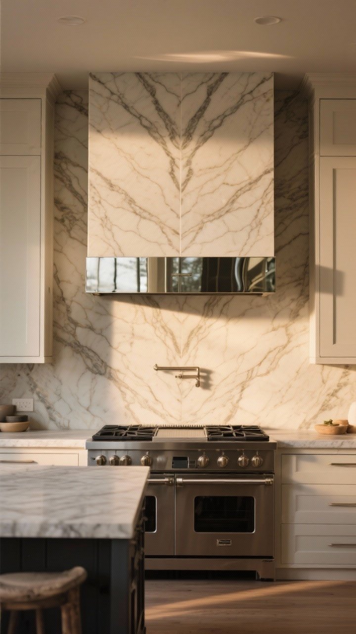 Wide, dramatic shot of a full-height stone backsplash with bookmatched veining centered behind a range and hood, mirrored pattern creating a refined focal point; restrained, delicate veining on a creamy stone; eased, clean slab edges; coordinating (not matching) countertop stone on adjacent surfaces; minimal accessories; warm late-afternoon light grazing the stone; camera slightly low and centered to frame the bookmatch symmetry.
