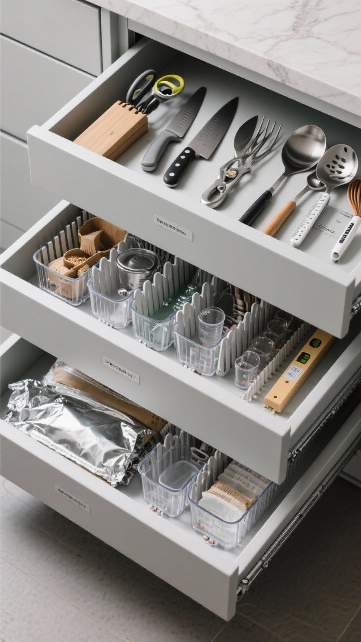 Wide drawer ensemble shot: Several open drawers, each with a defined job using modular dividers with grippy feet. Top prep drawer: in-drawer knife block, peeler, can opener, shears, bench scraper. Cooking tools drawer: tongs, spatulas, ladles, probe thermometer, instant-read thermometer. Measure drawer: dry and liquid measuring tools, leveler, small funnels. Wraps and bags drawer: foil, parchment, zip bags standing file-style. Clear bins for instant visual inventory, subtle labels on divider edges, cool even lighting, photorealistic.