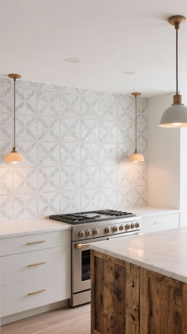 Wide feature wall shot: Pale patterned cement tile backsplash running to the ceiling behind the range, fog-gray motif on ivory background for airy brightness; matte surface diffusing light from warm pendants and under-cabinet LEDs; rustic wood accents and modern fixtures balanced nearby; two-color palette, crisp grout lines, straight-on architectural view, photorealistic.