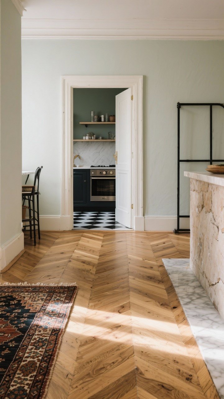 Wide floor-focused shot in a Paris-apartment-style kitchen: chevron engineered oak flooring in a natural oil finish leading into the space, with limewash walls and touches of black metal for contrast; a vintage Turkish runner softening the path; soft afternoon light raking across the grain to show repairable, authentic texture; low camera angle to hero the pattern, with optional glimpse of a checkerboard stone threshold in soft limestone and marble tones.