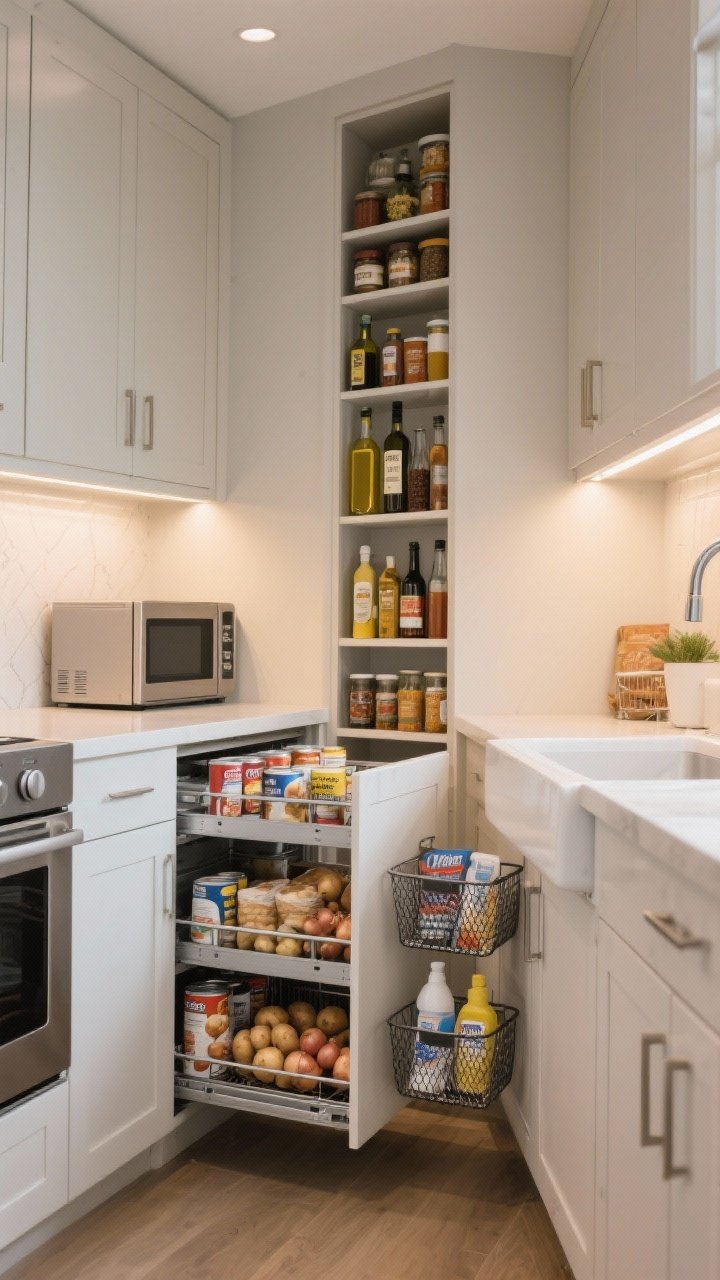 Wide interior shot of cabinetry with pull-out solutions: full-extension sliding shelves in base cabinets holding canned goods, baking supplies, and a compact appliance; a narrow slide-out pantry tower filled with oils, spices, and bottles; under-sink pull-out caddy organizing wraps, dishwasher tabs, and cleaners; metal mesh baskets for potatoes and onions provide airflow; warm, even task lighting illuminates the back corners, eliminating dark spots; mood is accessible and streamlined.
