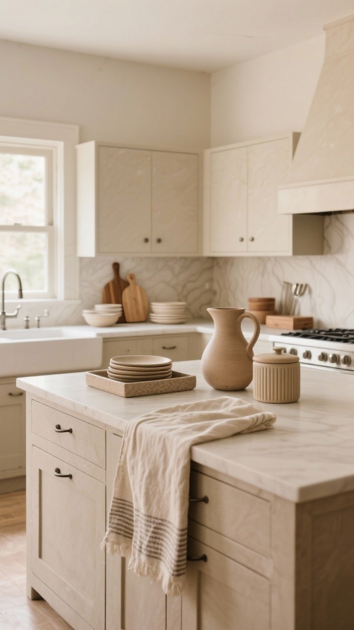 Wide kitchen overview: layered beige styling framework on display—matte surfaces, subtle patterns, and organic curves; textural mix of linen towels, stoneware dishes, matte metal hardware, and soft wood cutting boards; tones limited to sand, camel, and oatmeal (2–3 max); contrasting shapes—curved pitcher, squared tray, ribbed canisters—arranged cohesively; even natural light.