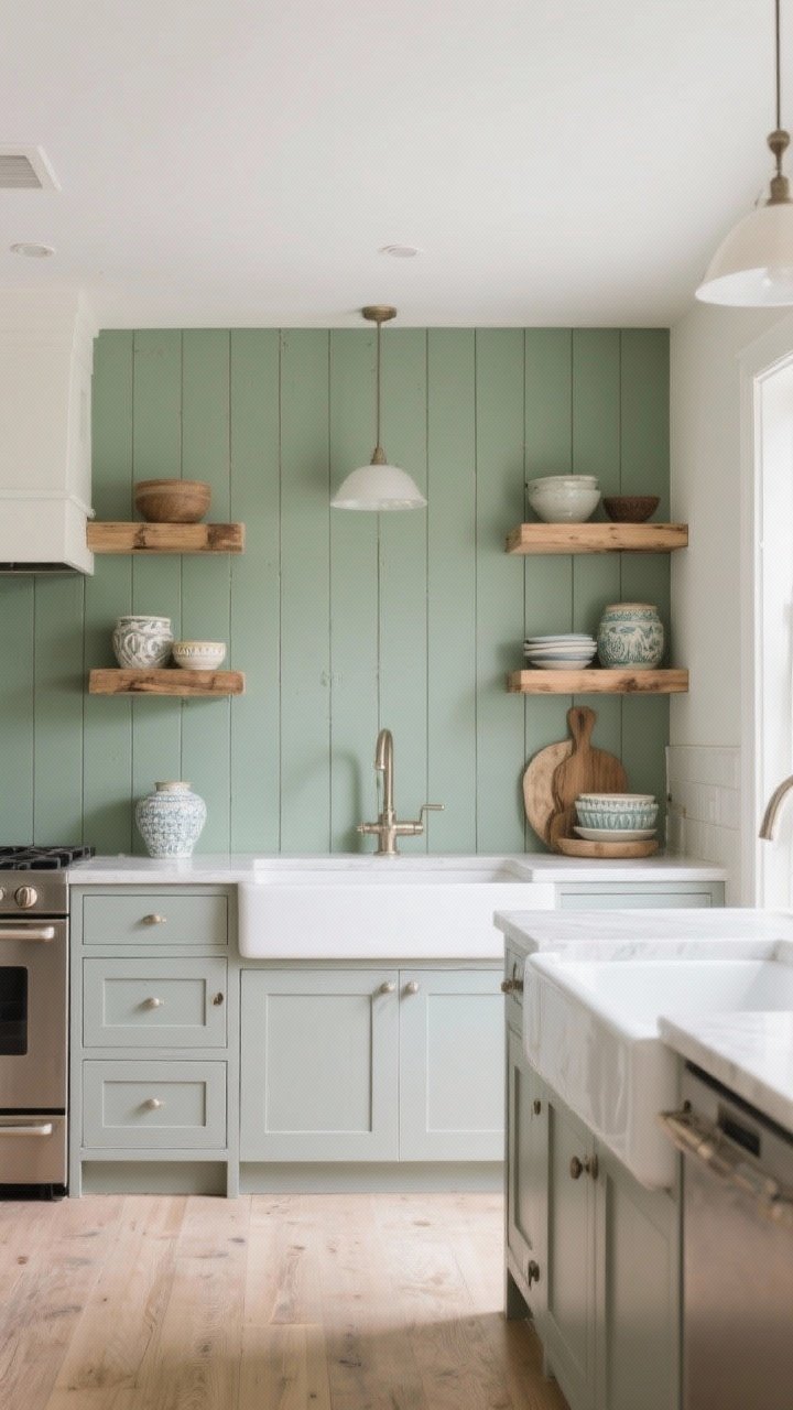 Wide kitchen scene featuring vertical shiplap backsplash painted a muted green in a satin enamel finish; paired with natural wood accents and ceramic pieces for soft, modern cottage energy; moisture-resistant boards shown around sink area; gentle daylight with a slight sheen on the paint indicating scrubbable durability; calm palette with greige and soft white cabinetry; perspective: straight-on wide room shot.