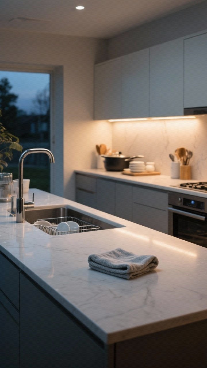 Wide kitchen shot capturing the 60-second reset: cleared and wiped counters with a subtle sheen, a tidy sink area with dishes loaded or a pan soaking, and items returned to clearly defined zones. Evening ambient lighting with under-cabinet warmth, minimalist decor, a single microfiber cloth folded on the counter, overall calm and orderly atmosphere, photorealistic and lived-in but spotless.