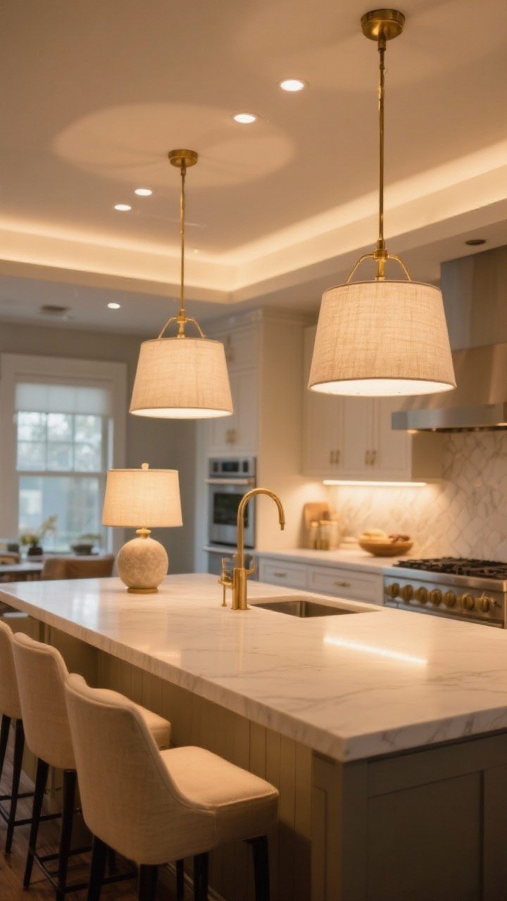 Wide kitchen shot emphasizing layered lighting: dimmable ambient ceiling fixtures at 2700–3000K, warm under-cabinet task lighting making the countertops glow, and two oversized linen-shaded pendants in brass over the island; a small table lamp with a statement shade on the counter; consistent bulb temperatures so the beige reads even; overall cozy mood, no glare.
