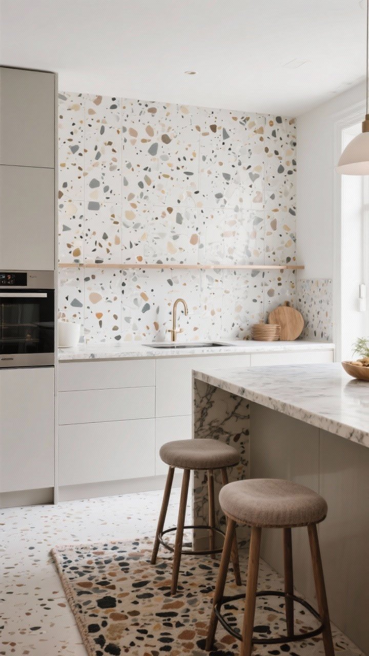 Wide kitchen shot featuring terrazzo-style porcelain backsplash with small-scale, low-contrast chips in soft grays, whites, and taupes that coordinate with a warm-veined quartz countertop; matte finish on terrazzo for a contemporary European vibe; barstools or rug subtly echo speckle colors; bright but diffused lighting for clarity; no people.