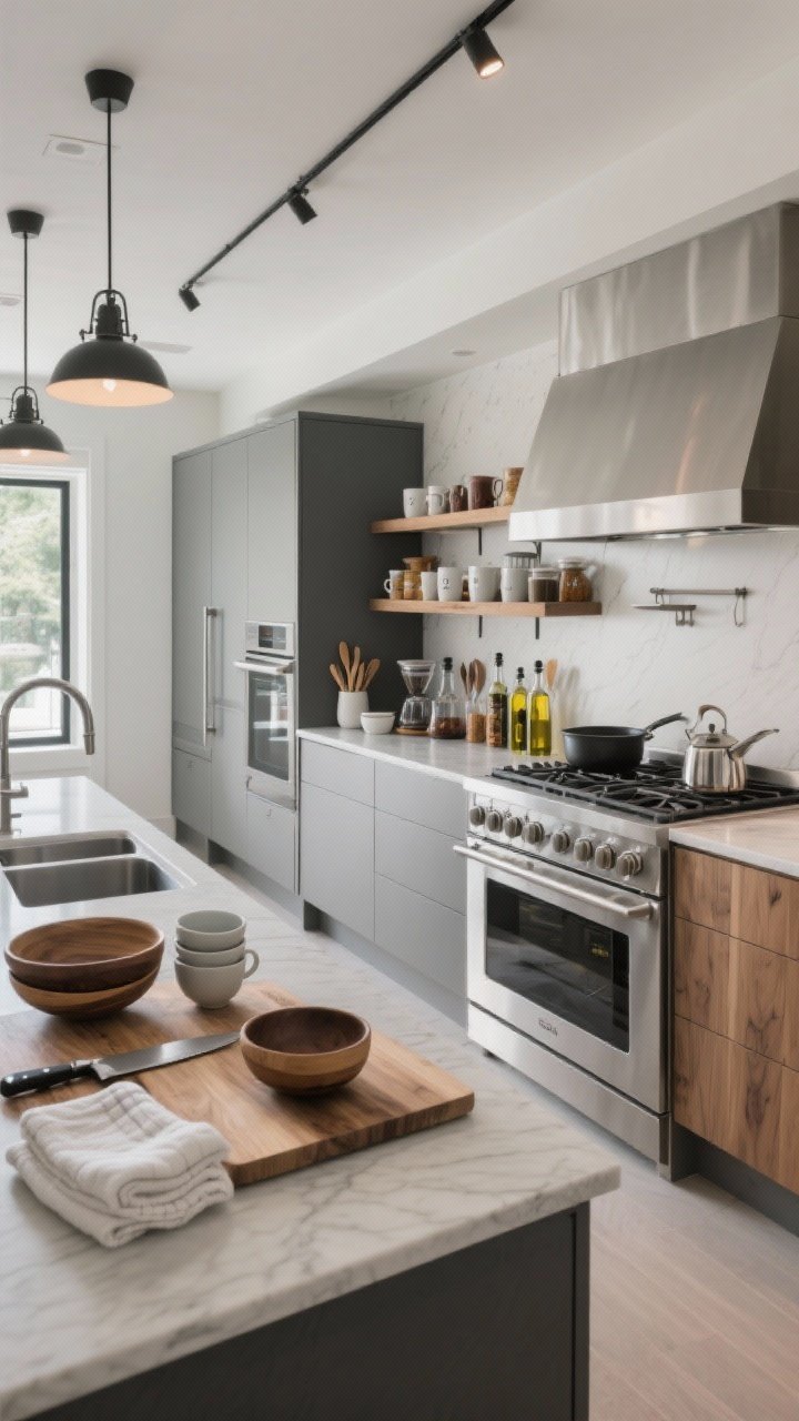 Wide kitchen shot illustrating work zones: Prep Zone with knives, boards, nested bowls, and towels near a spacious cutting area; Cooking Zone by the stove with oils, spices, pans, and spoons at arm’s reach; Beverage Zone with mugs, tea, coffee, and filters grouped together; cohesive materials in stainless, wood, and matte finishes; balanced daylight and task lighting; clear flow and placement logic.