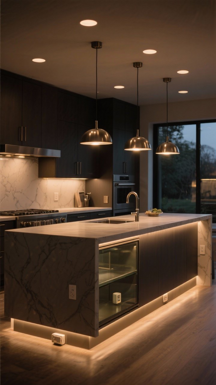 Wide kitchen shot, moody evening: Layered warm lighting at 2700–3000K—stick-on puck lights under cabinets for task glow, plug-in pendants over an island with the same metal finish as hardware, and soft LED strip lights along toe-kicks and inside a glass-front cabinet. Smart plug dimmers visible on the counter. The overall scene reads cohesive, inviting, and high-end without harsh overheads.