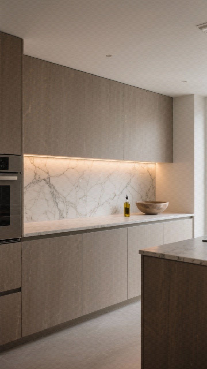 Wide kitchen shot showing a matching stone countertop rising 8–12 inches up the wall as a short slab backsplash with a slim low ledge; simple eased edge profile; minimal styling on the ledge (one sculptural bowl and a small oil bottle); coordinated warm under-cabinet lighting highlighting veining; calm, continuous material read