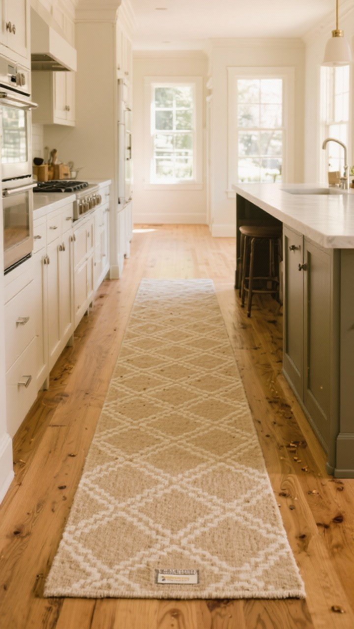 Wide kitchen walkway shot: a warm-beige patterned runner (flatweave, low-pile) stretches between an island and perimeter cabinets, visually elongating the space; subtle geometric beige pattern to hide crumbs, washable tag peeking; cozy texture against hardwood; daylight from windows casts a soft glow; space feels grounded and polished.
