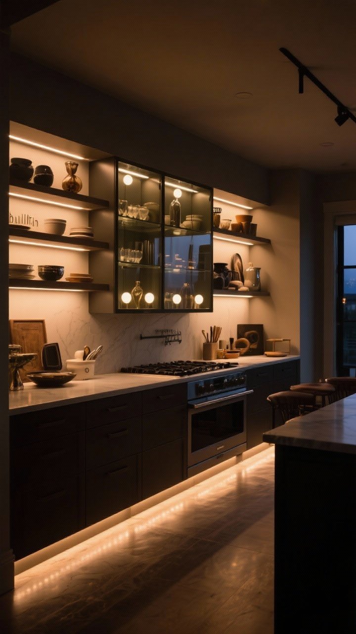 Wide, moody evening shot of shelves and cabinets upgraded with budget “built-in” lighting: warm 2700–3000K LED under-cabinet strips for task lighting, puck lights inside a glass-front cabinet spotlighting curated pieces, and toe-kick lights casting a soft glow along the floor for a chef’s kitchen at night vibe; reflective highlights on neatly arranged items, overall warm, inviting illumination
