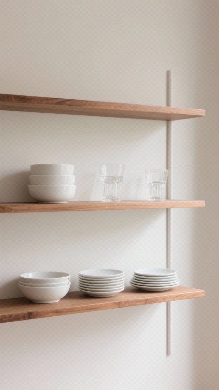Wide open-shelving vignette: Minimalist open shelves styled with curated basics in a cohesive palette—white dishes, clear glasses, and warm wood accents. Items are grouped in threes with varied heights, and deliberate negative space is left between stacks. Neutral walls, soft natural daylight, and a dust-free, magazine-clean look that feels calm and intentional.