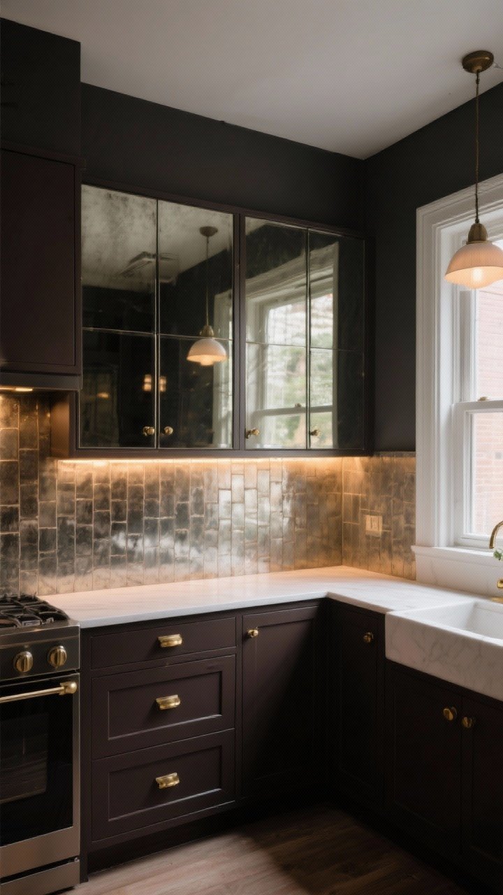 Wide room shot: A dark, small kitchen instantly brightened by a seamless antiqued mirror backsplash in large panels with minimal seams, reflecting window light, warm LED under-cabinet lighting, and soft pendant glow; smoked/antiqued mirror finish to softly blur reflections, espresso or charcoal cabinetry, simple brass hardware, clean countertops, straight-on perspective, photorealistic, no people.