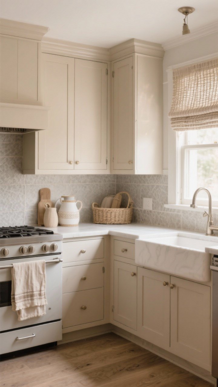Wide room shot: A serene beige kitchen with layered neutrals—soft beige/mushroom shaker cabinets, slightly lighter “almond milk” painted walls, a greige textured backsplash, and off-white/linen textiles like oatmeal cotton tea towels and woven roman shades. Natural morning light washes over consistent warm undertones; no cool grays. Include subtle texture on cabinet paint, calm, rich, intentional styling.