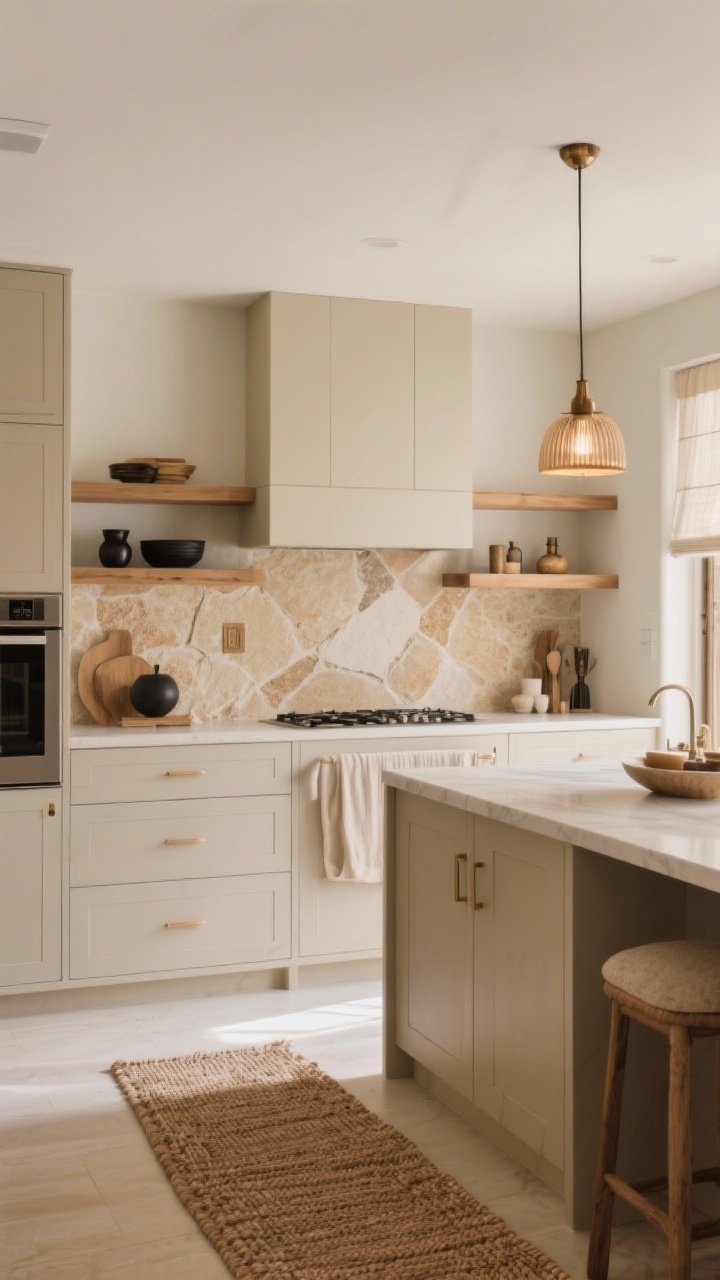 Wide room shot (Conclusion): A calm, customizable beige kitchen synthesizing the trends—layered textures (matte cabinets, linen shades, woven runner), creamy tones with depth on cabinets and walls, warm stone backsplash, soft wood open shelves, subtle black and bronze accents, and artisan lighting casting a warm, even glow; few curated accessories for a high-end yet effortless feel; bright but warm daylight, three-quarter perspective.
