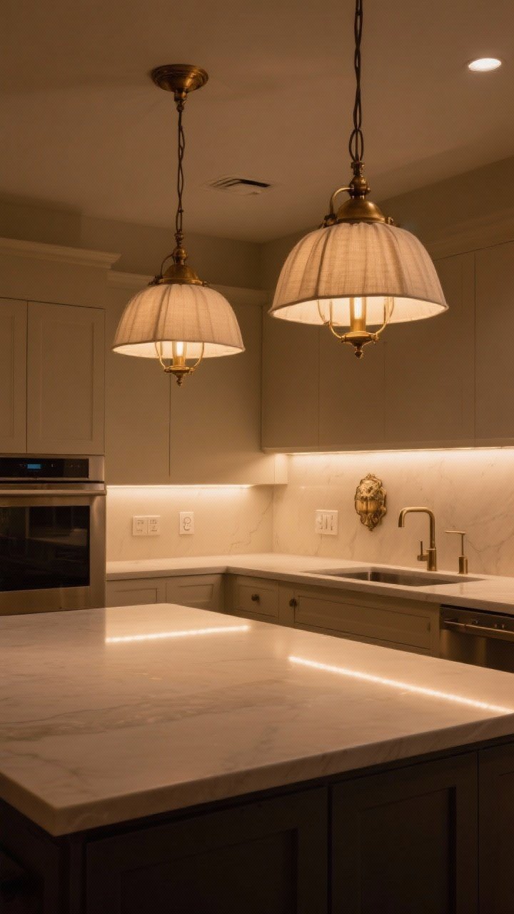 Wide room shot emphasizing lighting layers: a beige kitchen illuminated at 2700–3000K with three layers—pair of antique brass pendants with linen shades over the island, warm dimmable under-cabinet LED strips for task light, and an over-sink sconce adding a custom touch; include visible dimmer switches; moody yet inviting evening glow, no harsh “UFO” fixtures.