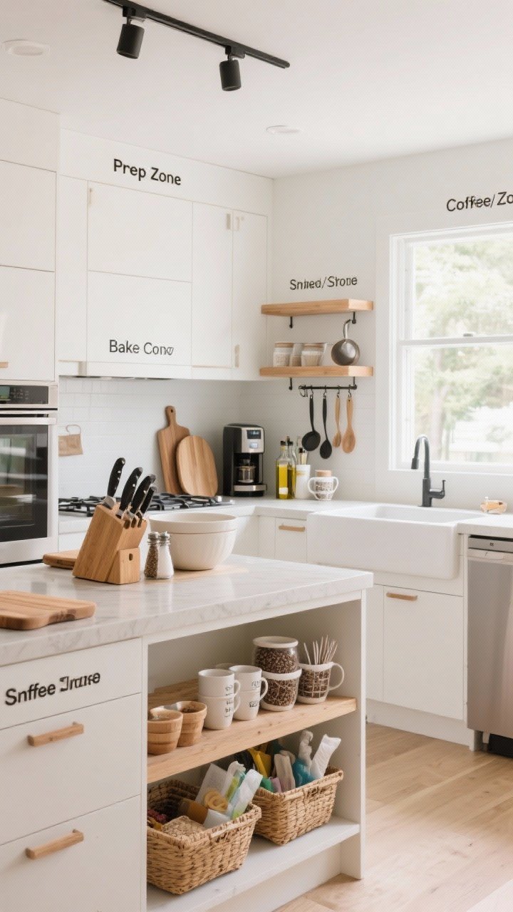 Wide room shot of a bright, modern kitchen zoned like a mini grocery store: labeled Prep Zone at the largest counter with cutting boards, chef knives in a block, and mixing bowls; Cook Zone by the stove with oils, spatulas in a crock, salt and pepper, and pots on hooks; Bake Zone near the oven with measuring cups, baking sheets, and parchment; Coffee/Tea Zone with mugs, filters, beans, and teaspoons beside a coffee machine; Snack Zone at eye level with grab-and-go baskets; Cleaning items grouped by the sink. Natural daylight, clean white cabinetry with light oak accents, matte textures, clear labels, no people.