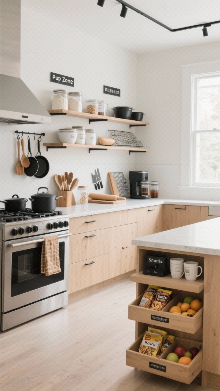 Wide room shot of a zoned kitchen laid out like a grocery store: clearly labeled areas—Prep Zone with cutting boards, knives, mixing bowls, and measuring cups near a long counter; Cooking Zone by the range with pots, pans, wooden spoons, spatulas, and oven mitts on a hook; Baking Zone with flour and sugar canisters, rolling pin, sheet pans, cooling rack; a small Drink Station with mugs, tea, coffee, filters, sweeteners; a low Snack Zone bin with granola bars, chips, and fruit; crisp daylight through a window, modern labels on shelves, cohesive neutral palette with light wood and matte black hardware, straight-on perspective.